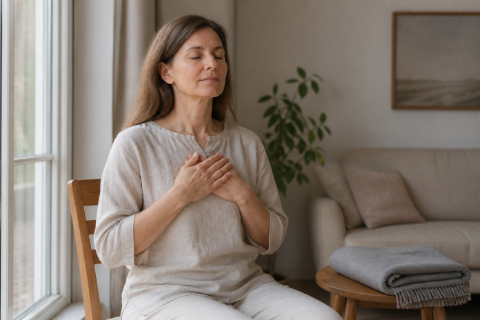 Woman sitting by a window with her palms resting on her chest during a quiet self-Reiki practice