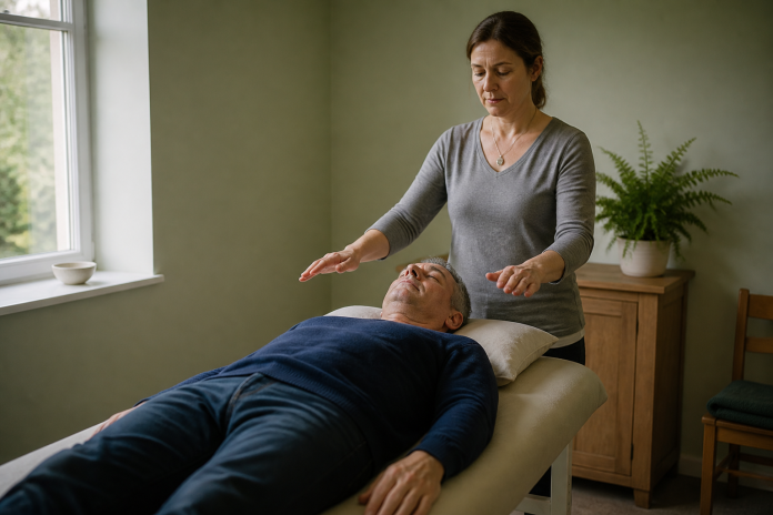 Reiki session in a practitioner room Person resting fully clothed on a treatment table in a bright practitioner room while a Reiki practitioner holds her hands just above the shoulders