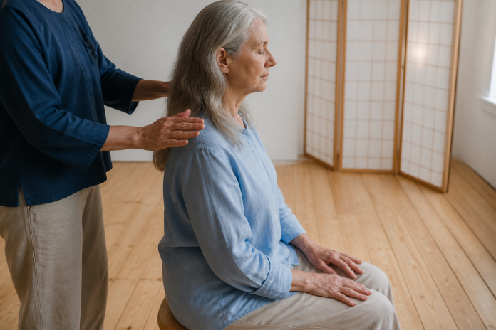 Hands-off Reiki position in a studio Close view of a practitioner's hands held a few centimetres above a seated client's shoulders in a plain wooden-floored studio