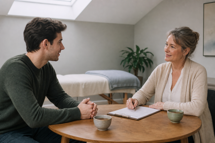 Pre-session conversation in a therapy room Reiki practitioner and client talking at a small table before a session, with a treatment table visible behind them