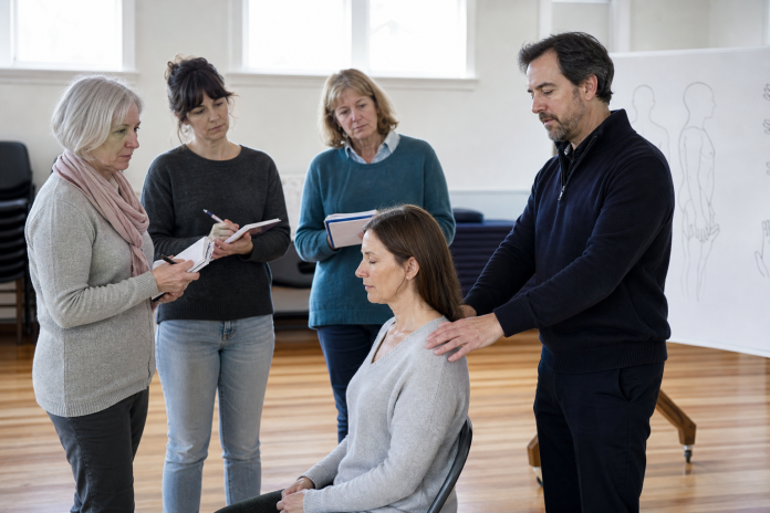 Small Reiki Level 1 class in a community hall, teacher demonstrating a hand position on a seated volunteer while three students watch