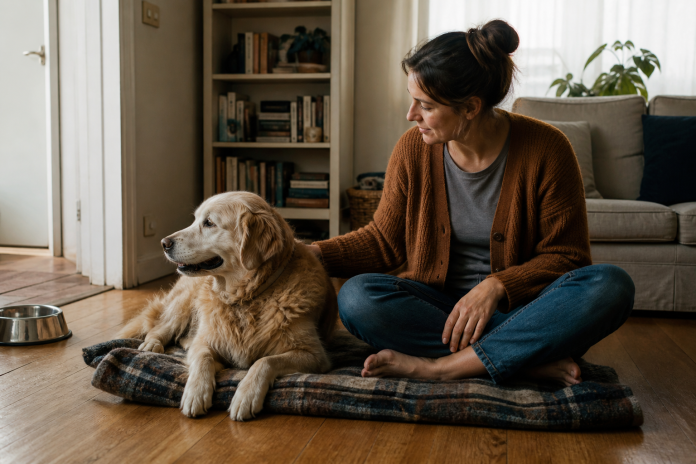 Quiet moment with a resting dog at home Elderly golden retriever resting on a blanket on a living-room floor while its owner sits beside it with one hand resting lightly on its side