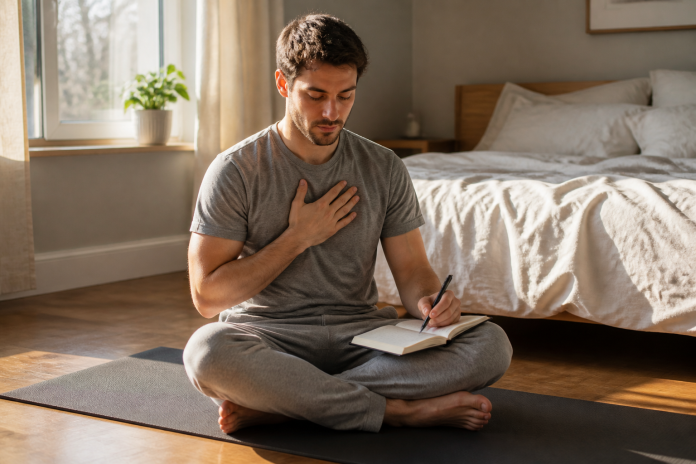 Man sitting on a yoga mat in a sunlit bedroom, hand on his chest, writing in a notebook during a quiet self-check