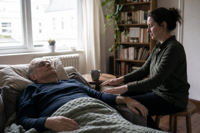 Home-visit Reiki session: a man rests on a sofa under a blanket while a practitioner sits on a low stool beside him with hands held just above his forearm
