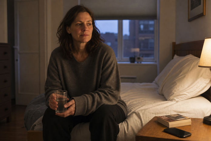 Tired-looking woman sitting on the edge of a bed in the early evening with a glass of water, phone face down on the bedside table