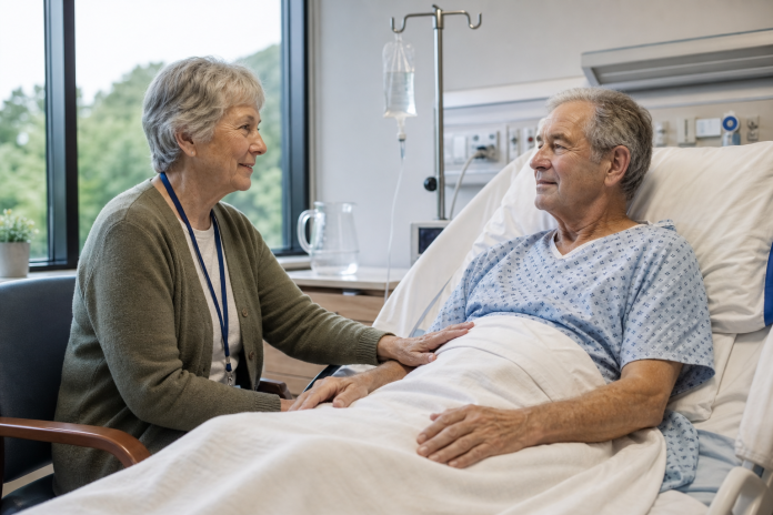Volunteer Reiki at a hospital bedside Hospital volunteer wearing a lanyard sits beside an older patient's bed with one hand resting lightly on the blanket over the patient's arm