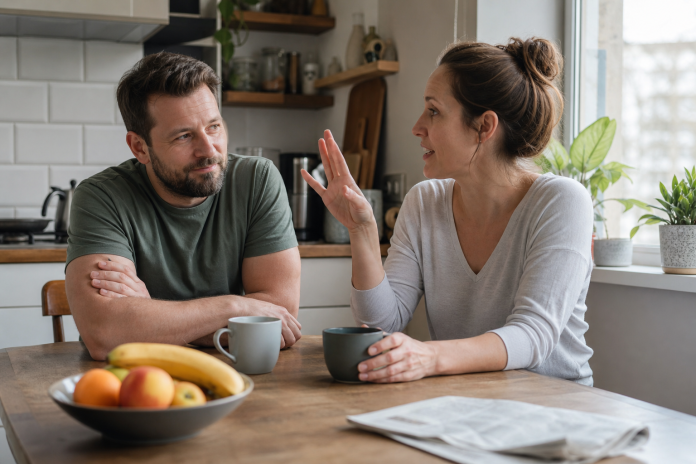 Two friends talking at a kitchen table over coffee, one gesturing as she explains something, morning light through the window