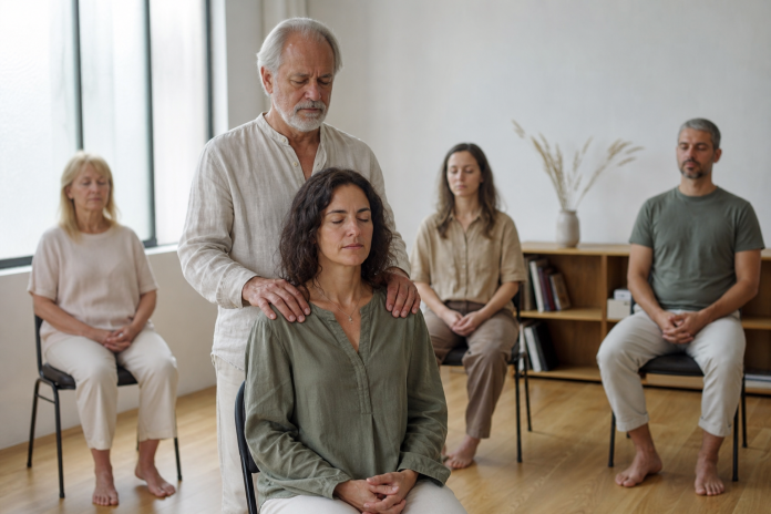 Attunement in a quiet studio Reiki teacher standing behind a seated student with hands resting on the student's shoulders during an attunement in a quiet studio, other students seated around the edge of the room