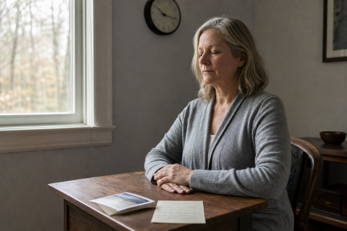 Practitioner sitting quietly for a distance session Reiki practitioner sitting alone at a small desk by a window, hands resting together, a folded photograph and a handwritten note on the desk