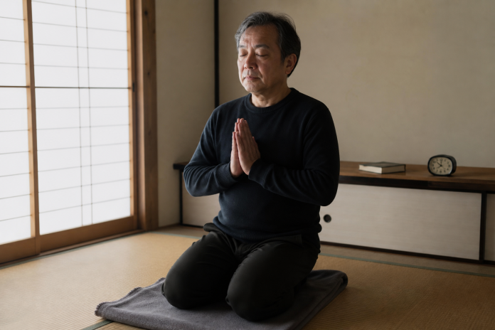 Man kneeling in seiza on a folded blanket in a sparse room with a tatami mat, hands together at his chest, morning light from a paper-screened window