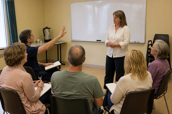 Questions in a Reiki evening class Small evening class in a community centre room, a teacher at a whiteboard answering a question from a student with her hand raised
