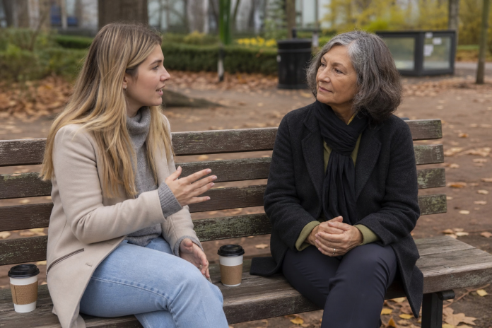 Listening closely on a park bench Two women sitting on a park bench in conversation, one listening attentively with her head tilted, autumn trees behind them