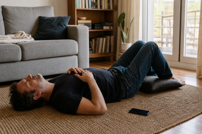Lying-down chakra practice on a living room rug Man lying on a rug in a living room with a cushion under his knees and his hands resting on his chest, eyes closed, afternoon light from a balcony door