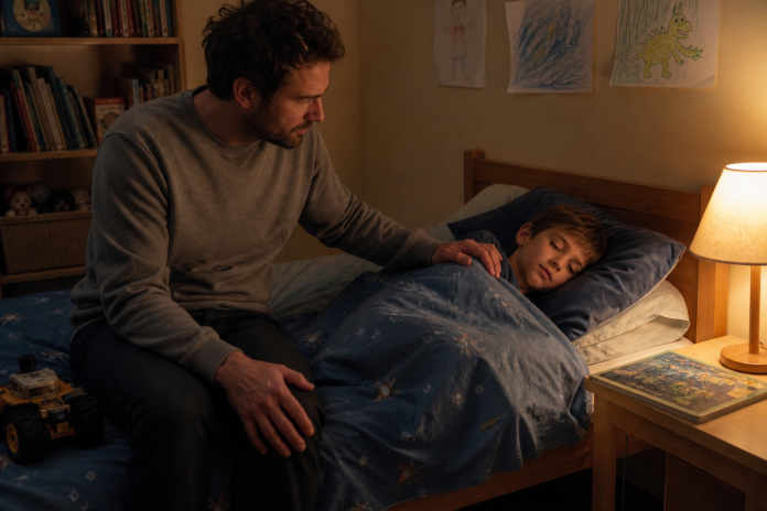 Bedtime calm with a hand on the duvet Father sitting on the edge of a child's bed at bedtime with his hand resting on the duvet over the child's shoulder, a small lamp on, bookshelf and drawings on the wall