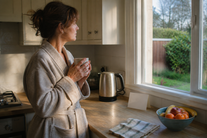Morning pause at the kitchen window Woman standing at a kitchen window in the early morning holding a mug, sunlight on the counter, a small handwritten card propped against the tiles