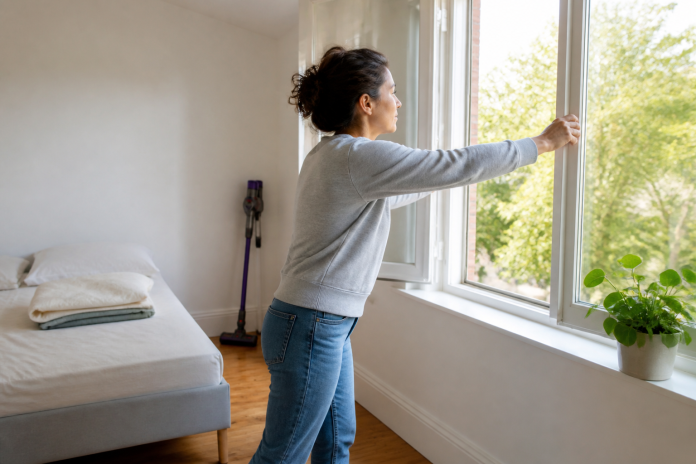Airing a bedroom in the morning Woman opening a bedroom window wide in the morning, fresh bedding folded on the bed, a vacuum cleaner standing in the corner