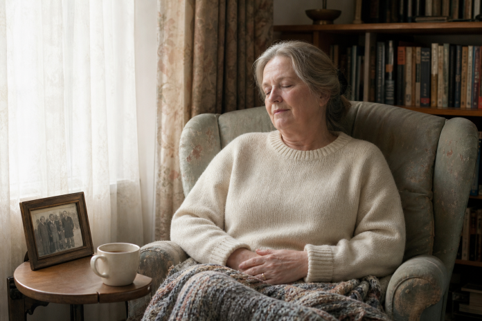 Quiet minutes in an armchair by the window Older woman sitting in an armchair by a window with her eyes closed and hands folded in her lap, a blanket over her knees and a cup of tea on the side table