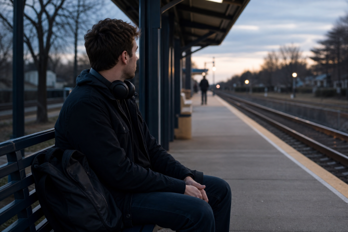 Quiet moment on a train platform at dusk Young man with headphones around his neck sitting alone on a quiet train platform bench at dusk, backpack beside him, looking calm