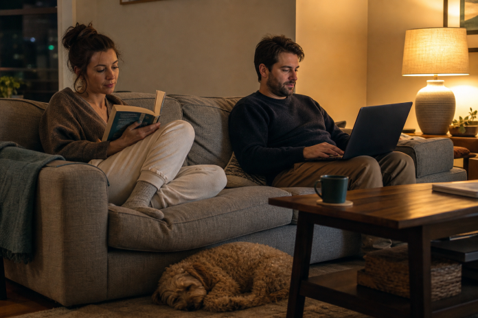 Couple sitting at opposite ends of a sofa in a living room, one reading a book and the other with a laptop, comfortable and quiet, a dog asleep on the rug