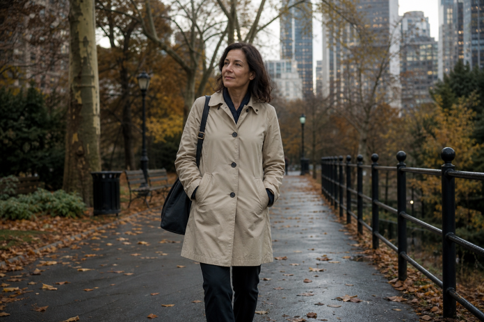 Walking home the quiet way Woman in a raincoat walking alone on a quiet tree-lined path after work, bag over her shoulder, autumn leaves, looking relaxed