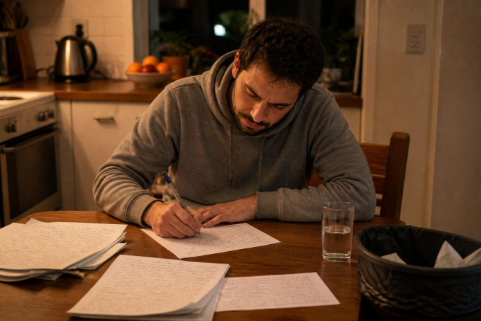 Ten minutes of free writing at the kitchen table Man sitting at a kitchen table writing quickly on loose sheets of paper with a pen, a shredder bin and a glass of water nearby, evening light