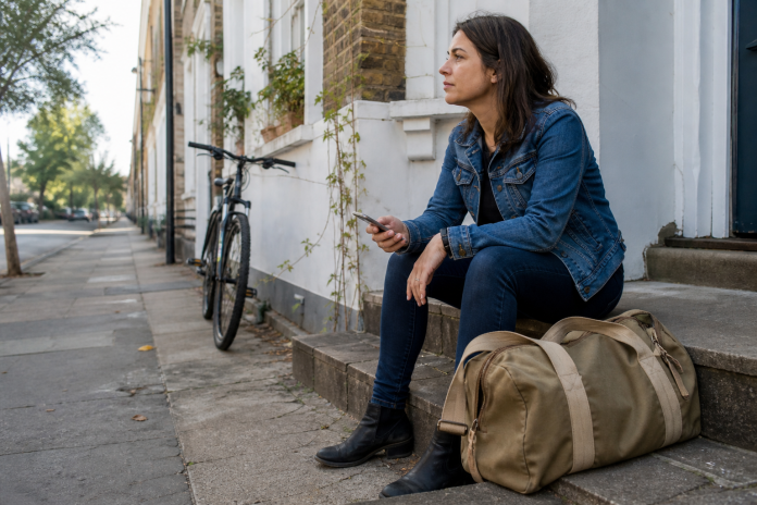 Woman sitting on the front steps of a house with a packed holdall beside her, phone in hand, looking down the street in morning light