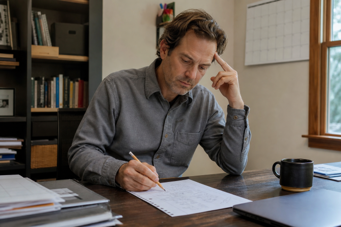 Man at a desk by a window working through a page of handwritten sums with a pencil, calendar on the wall, mug of coffee, thoughtful