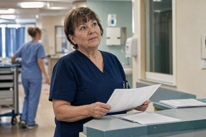 Practised recognition at a ward station Experienced nurse at a hospital ward station glancing up from a chart with a look of quiet recognition, a colleague passing in the background