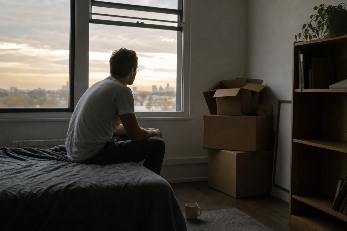 Early morning in a room half packed Man in his twenties sitting on the edge of a bed in the early morning with his elbows on his knees, looking out of a window at a changing sky, packing boxes stacked in the room