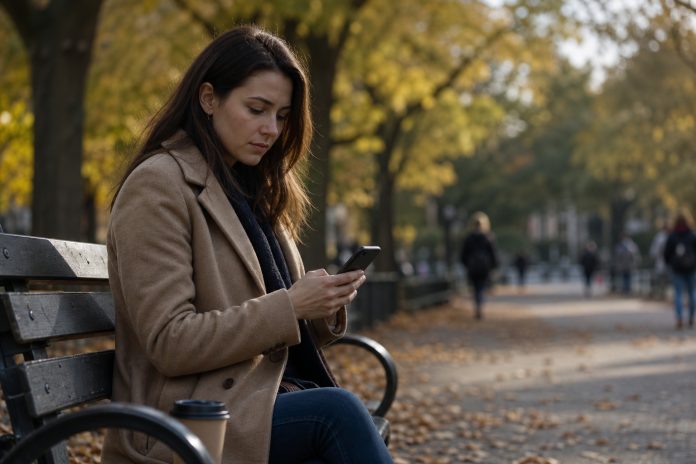 A resolved moment on a park bench Woman on a park bench looking at her phone with a calm, resolved expression, one thumb hovering over the screen, autumn afternoon