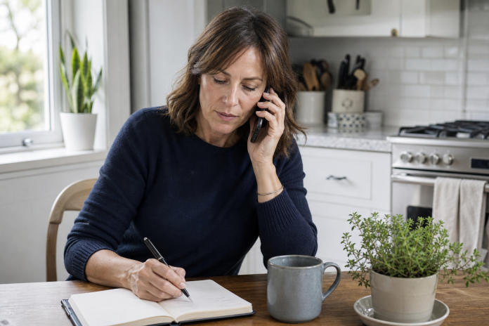 Taking notes during a phone call Woman at a kitchen table on a phone call with a notebook open in front of her, pen in hand, a list of a few short handwritten questions, mid-morning light