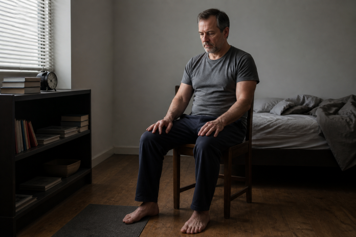 Man sitting upright on a wooden chair in a plain room in the early morning, hands resting on his thighs, eyes lowered, a small clock on a shelf and a window with plain blinds