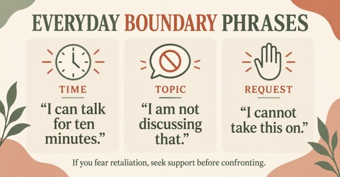 Three ways to phrase an everyday boundary A three-part guide gives short examples for limiting time, declining a topic and refusing a request.