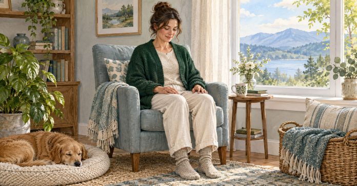 A comfortable pause for an optional self-Reiki practice A fully clothed adult sits comfortably with hands resting on their thighs beside a window.