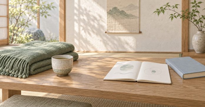 A folded blanket and sleep-science notes sit on opposite sides of a quiet reading table.