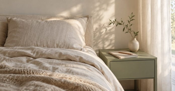 A peaceful bedroom with a closed notebook and pencil on a bedside table in soft morning light.
