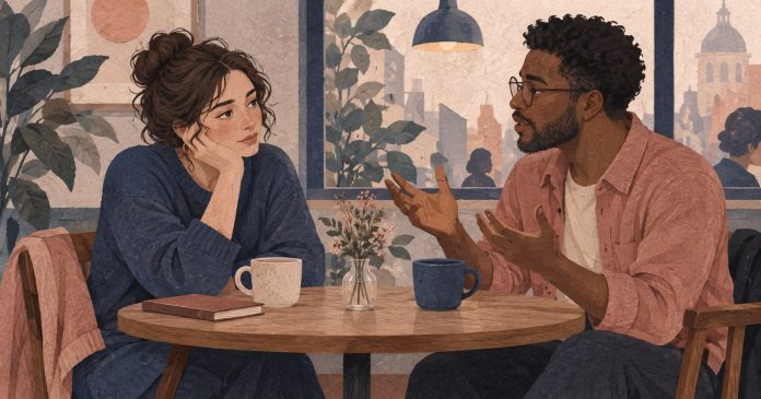 Understanding a difficult conversation through behavior Two adults talk across a cafe table while one pauses thoughtfully before responding.