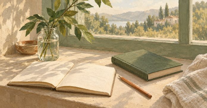 A warm still-life illustration of a book and notebook beside a window and green leaves.