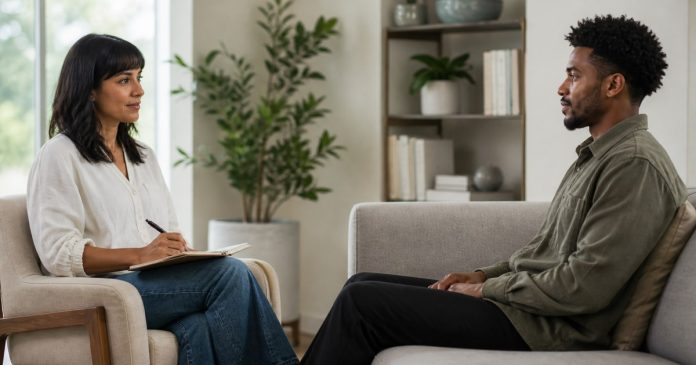 Therapist guiding a client through a gentle grounding exercise in a bright office