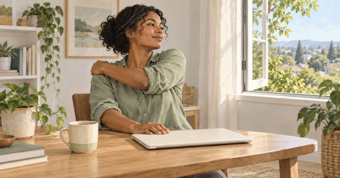 An adult closes a laptop and takes a brief seated pause beside an open window.