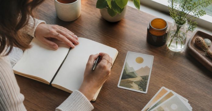A person journaling beside non-branded symbolic cards, tea, and plants