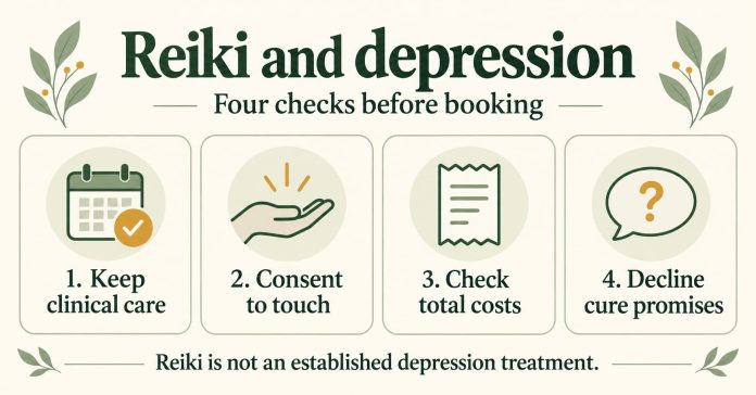 Reiki and depression: four checks before booking Infographic: Keep clinical care; consent to touch; check total costs; decline cure promises. Reiki is not an established depression treatment.