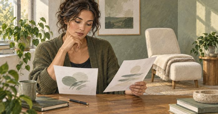 Checking claims before booking a Reiki session A seated reader compares two papers beside an empty treatment chair in a calm studio.