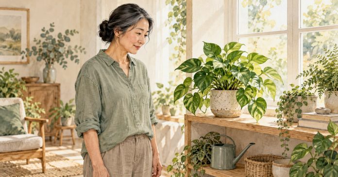 A gardener observes a potted plant beside a window with a watering can set aside.