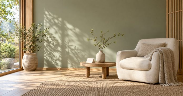 An empty comfortable chair beside a folded blanket, a plain card and a vase of branches in a calm room.
