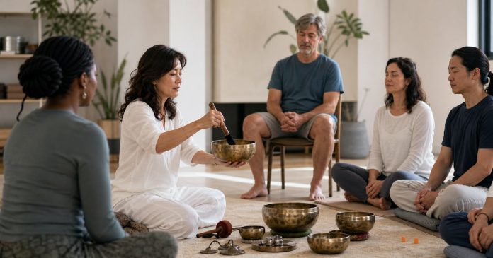 Small diverse group attending a calm singing-bowl sound bath