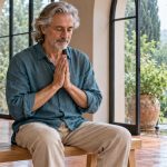 Mindful Reiki: The Practice as Quiet Attention, in Brief A silver-haired man sits comfortably with his hands gently together in a sunlit garden room.