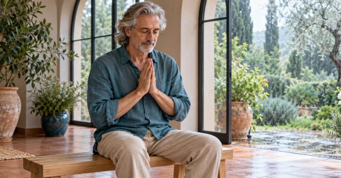 Mindful Reiki — quiet attention A silver-haired man sits comfortably with his hands gently together in a sunlit garden room.