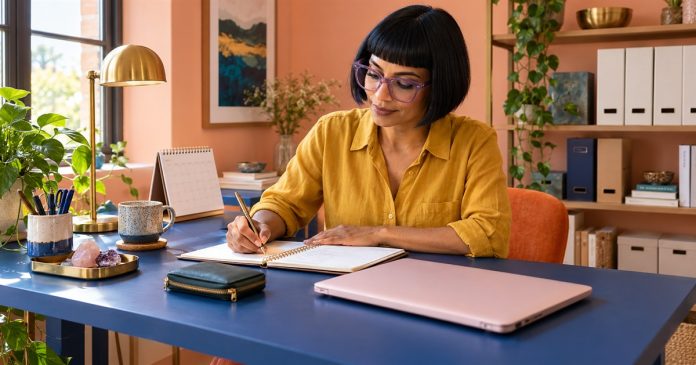Can Reiki Attract Money and Love? What Intention-Setting Actually Does — cover A woman writes a weekly plan beside a closed pink laptop.
