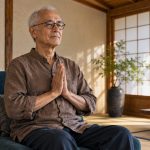 Japanese Reiki Techniques: Gassho and Joshin Kokyu Ho, Step by Step An older man practices Gassho seated upright with palms together.